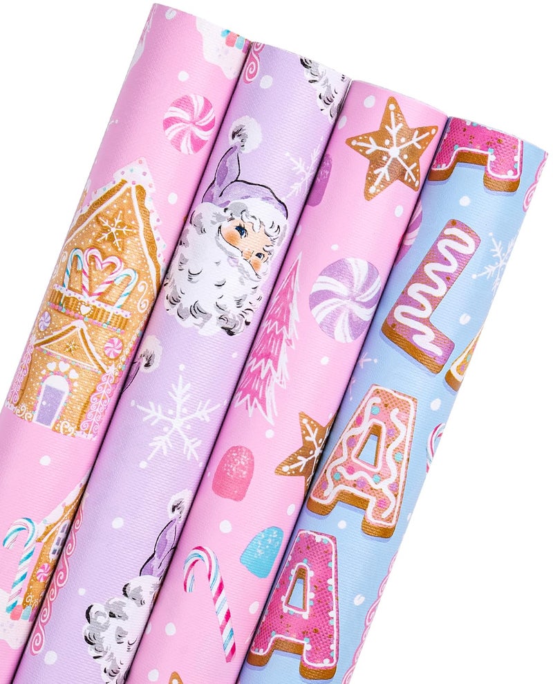 WRAPAHOLIC 30 Inch Christmas Wrapping Paper Roll Jumbo Roll Pastel Pink Purple Gingerbread House and Santa Claus Design with Embossed 4 Rolls 30 Inch x 120 Inch Per Roll